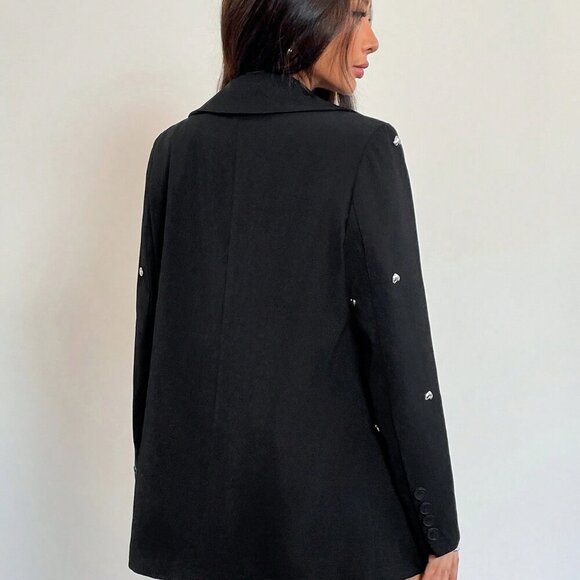 Black Elegant Women's Heart Decor Single Button Casual Long Sleeve Blazer - Picture 3 of 7